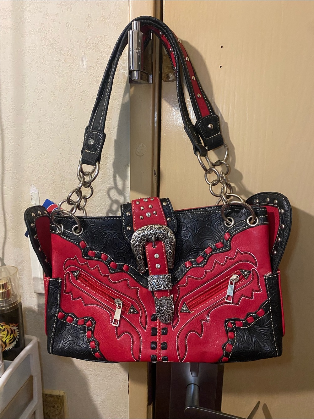 Red and Black Embossed Western-Style Shoulder Bag